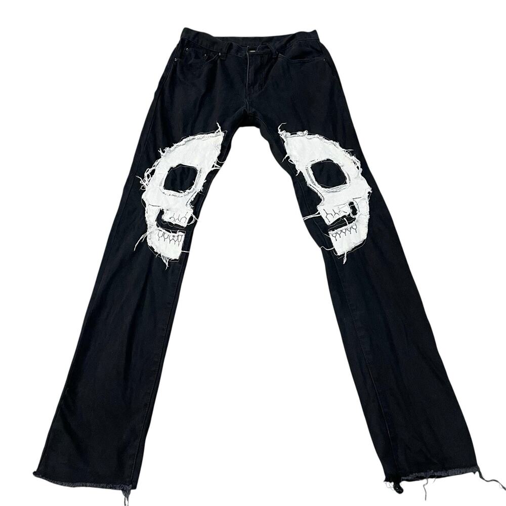 MNML Black Slim Jeans with Distressed White Skull Knees